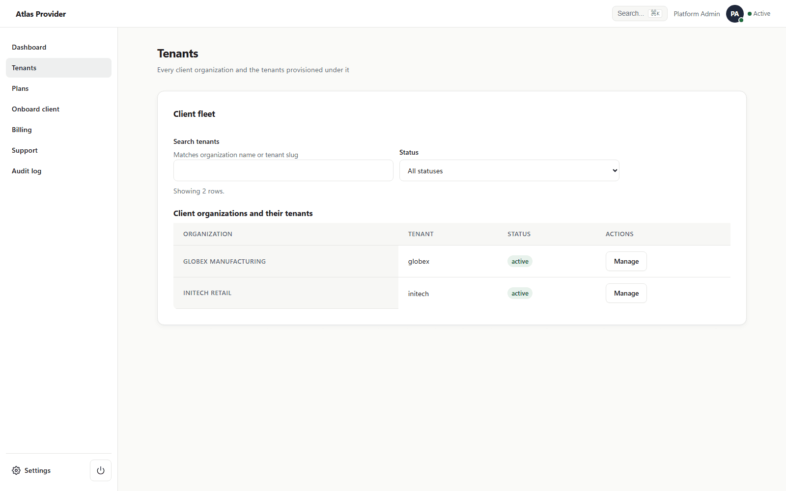 The provider portal's Tenants page, listing client organizations and their tenants