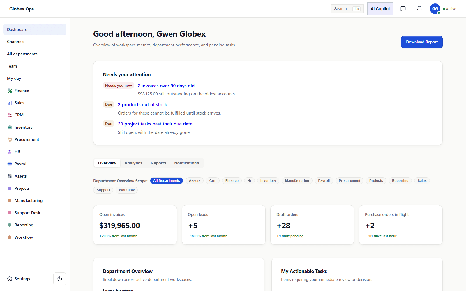 The Atlas tenant workspace dashboard, showing open invoices, leads, orders, and department charts